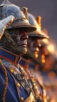 Historic military honor guard in traditional uniforms stands solemnly during a ceremonial event at sunset photo