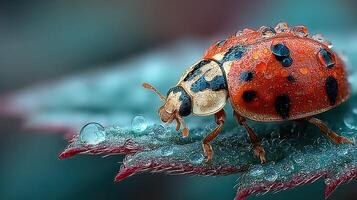 Close-up view of a ladybug on a leaf surrounded by droplets after rain in a natural setting photo