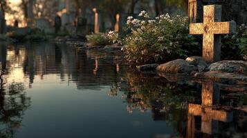 Peaceful cemetery reflection with flowers and a cross during sunset photo