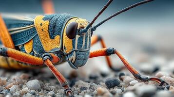 Close-up view of a colorful grasshopper on sandy ground highlighting its vibrant patterns and intricate features photo
