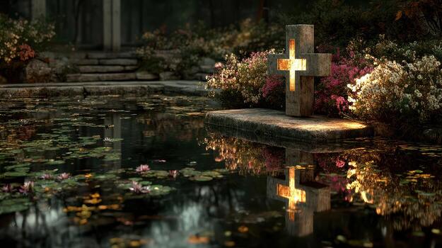 Reflection of a cross on calm waters surrounded by blooming flowers in a tranquil garden at dusk photo