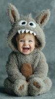 Joyful baby dressed in a fluffy monster costume, smiling against a neutral backdrop indoors photo