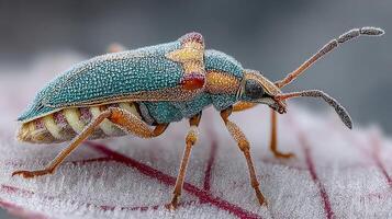 Colorful bug covered in frost on a leaf during early morning hours in a lush garden photo