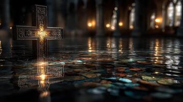 Serene reflective cross in a tranquil setting with ambient lighting during twilight hours photo