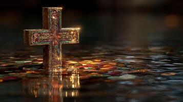 Intricately designed cross resting on shimmering water surface during early morning light photo