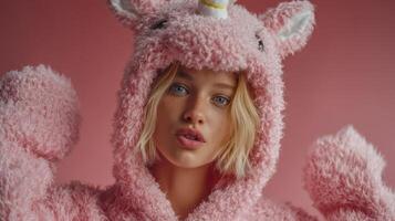 Cheerful person in pink unicorn onesie poses against a soft pink background showcasing vibrant expressions and playful vibes photo