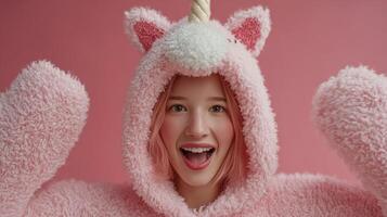 Cheerful girl in a pink unicorn onesie posing against a solid pink background during a playful moment photo
