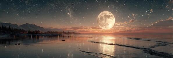 Captivating view of a full moon rising over a tranquil sea at dusk with shimmering reflections on the water's surface photo