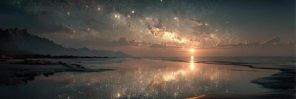 Twilight over calm ocean with shimmering stars and distant mountains reflecting on tranquil waters photo