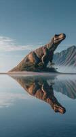 Dinosaur sculpture stands tall amidst calm waters and mountains during a vibrant sunrise photo