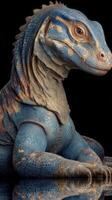 Brightly colored blue lizard-like creature resting on a reflective surface in a dark setting photo