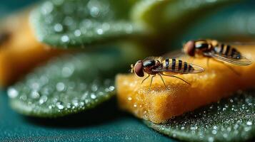 Fruit flies explore juicy melon pieces on a bed of fresh leaves in a vibrant natural setting photo