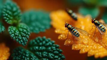 Three insects on a vibrant orange leaf surrounded by green foliage in a lush garden during the daytime photo