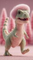 Colorful dinosaur wearing pink hat enjoys a whimsical walk in a fantastical landscape with pastel trees in the background photo