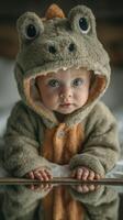 Cute baby wearing dinosaur costume with big eyes in cozy indoor setting photo