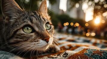 Cat relaxes on a blanket while golden sunlight filters through trees at a park in the evening photo