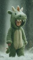 Child dressed in a cozy dinosaur costume playing in a snowy forest during winter photo