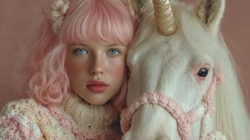 Young girl with pink hair embracing a white unicorn in a soft, pastel-themed setting during a dreamy afternoon photo