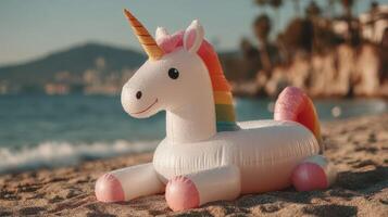 Colorful inflatable unicorn resting on the sandy beach beside the ocean during a sunny day photo