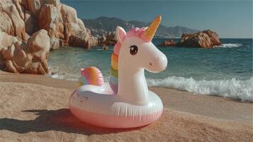 Colorful unicorn float rests on sandy beach near clear blue water under sunlight in a coastal destination photo