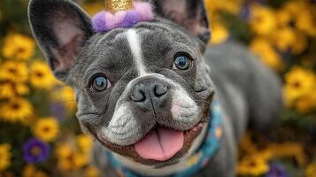 Happy French Bulldog smiling in a colorful flower field during springtime celebration photo