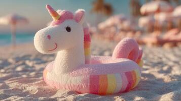 Colorful unicorn float in bright sunlight on sandy beach during a summer day photo