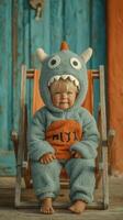 Child in cute monster costume sitting in deck chair against colorful background in a sunny outdoor setting photo