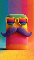 Colorful sponge character with glasses and mustache on a vibrant background showcasing rainbow hues photo