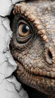 Lizard peeking through cracked wall revealing textured scales and vibrant eyes in a close-up capture of nature's wonder photo