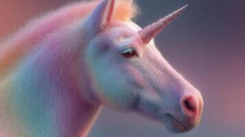Colorful unicorn with a vibrant mane stands against a soft pastel background in a serene setting photo