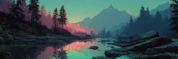 Majestic sunset reflecting off the tranquil river surrounded by mountains and forests at twilight photo