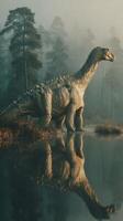 Large dinosaur standing near calm water with a misty forest backdrop at dawn photo