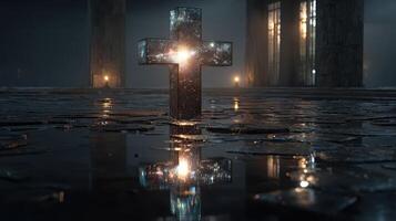 Mysterious illuminated cross shines in dark, reflective environment during late evening hours photo