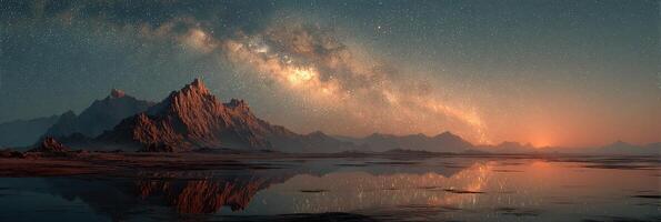 Night sky over mountain landscape reflects stars in serene waters at twilight photo