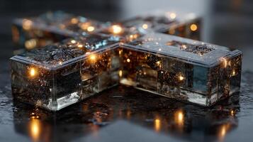 Artistic glass cross illuminated on a dark reflective surface showcasing intricate details and textures photo