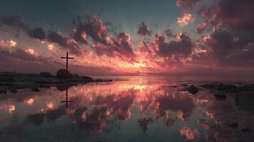Sunset view over calm waters with reflection of clouds and cross at a serene coastal location photo