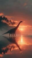 Dinosaur walks along the beach at sunset with palm trees silhouetted in the background photo