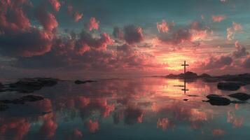 Sunset over calm waters reflects cross on rocky shore in serene landscape photo