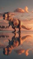 Dinosaur walking along a tranquil beach at sunset with palm trees and a colorful sky reflecting on the water photo