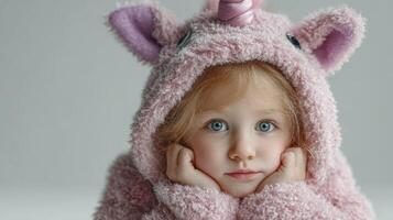Child in pink unicorn costume with fluffy texture expressing thoughtfulness indoors during a calm moment photo