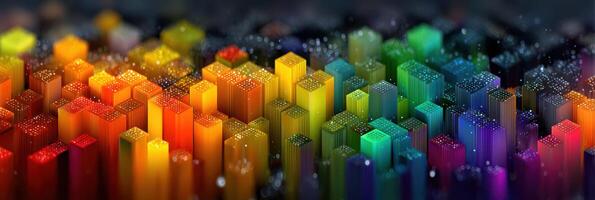 Colorful 3D blocks create a vibrant spectrum representation of sound waves in a digital space photo