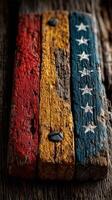 Wooden planks painted in red, yellow, and blue colors with stars reminiscent of flags from different nations photo