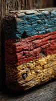 Weathered wooden plank with vibrant colors representing a flag, showcasing texture and aging in natural light photo