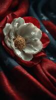 Beautiful flower contrasted with red and blue fabric evokes themes of patriotism and nature photo