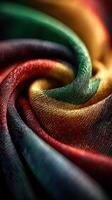 Colorful fabric swirling in a close-up view showcases vibrant threads in rich hues and textures, reflecting light beautifully photo