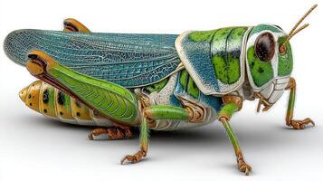 Colorful grasshopper resting on a surface showcasing its vibrant patterns and detailed features in nature photo