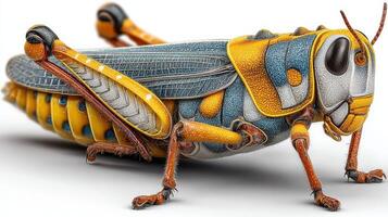 Colorful grasshopper showcasing intricate details in vibrant colors during a sunny afternoon photo