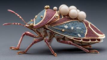 Detailed macro shot captures a colorful insect with eggs on its back, showcasing nature's intricate designs in close-up view photo