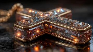 Decorative cross pendant with intricate gemstone details on a dark surface photo