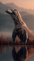 Lizard basking by the tranquil lake at sunset in a serene natural landscape photo